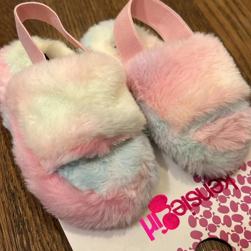 Kensie Girl rainbow fuzzy open toe elastic back toddler girl slippers